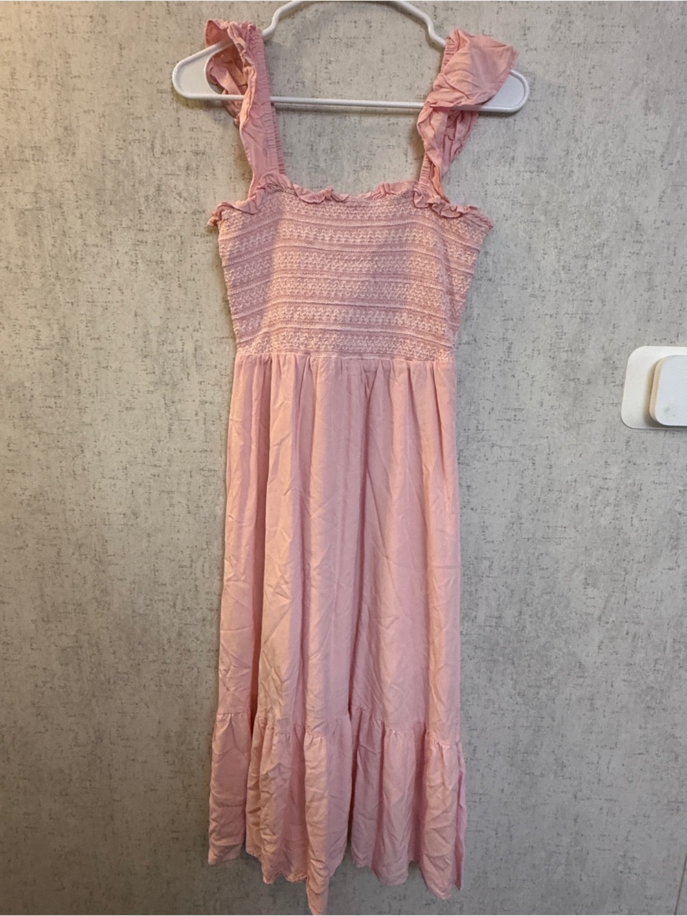 Smocked Ruffle Strap Pink Midi Dress